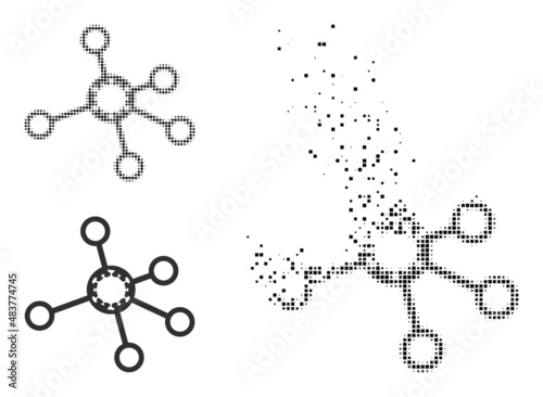 Dispersed dotted virus nodes vector icon with wind effect, and original vector image. Pixel dissipating effect for virus nodes shows speed and motion of cyberspace concepts.