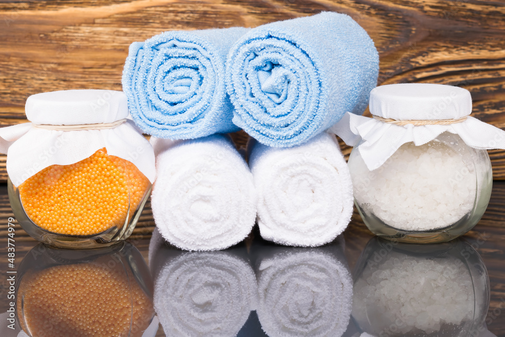 towels and bath salt for spa treatments, background towels and bath salt for spa treatments, background