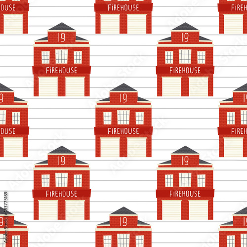 Fire Department. Cute fire station seamless pattern. Vector illustration for a child in simple Scandinavian hand-drawn style. The limited palette is ideal for printing on children's clothing, textiles