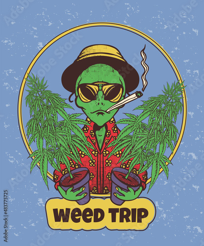 alien with marijuana bushes and a joint, weed trip, t-shirt print