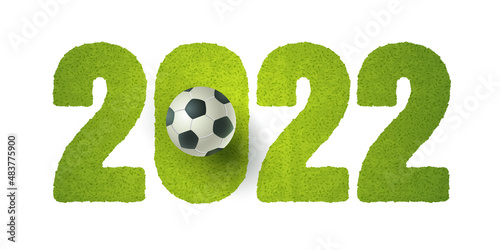 Vector soccer ball on green field. Soccer ball on green grass. Football world cup 2022.