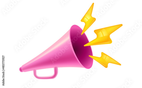 Vector vintage pink megaphone with lightning in realistic 3d style. Pink loudspeaker.
