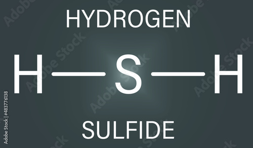 Hydrogen sulfide H2S molecule. Toxic gas with characteristic odor of rotten eggs. Skeletal formula.