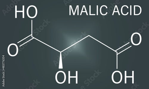 Malic acid fruit acid molecule. Present in apples, grapes, rhubarb, etc and contributes to the sour taste of these. Skeletal formula.