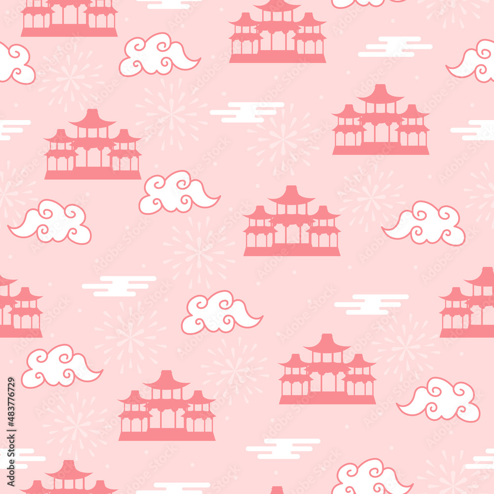 Asian cloud and temple seamless pattern on pink background for wallpaper or print for lunar new year