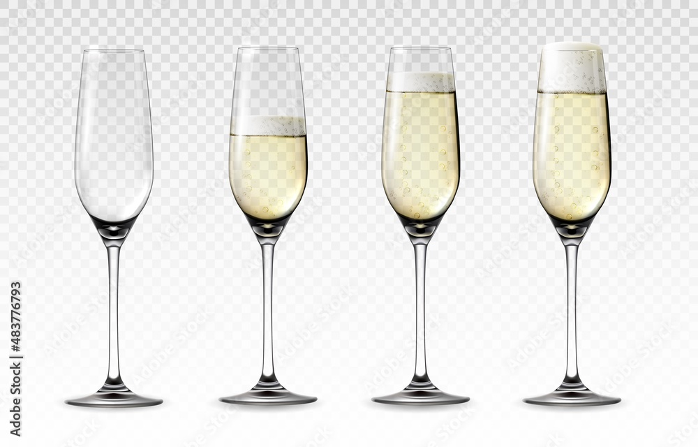 Realistic glass of sparkling wine. Transparent mockup of high wineglass with bubbled white grape drink. Wedding and Valentine day celebration toast. Vector 3D champagne glassware set Realistic glass of sparkling wine. Transparent mockup of high wineglass with bubbled white grape drink. Wedding and Valentine day celebration toast. Vector 3D champagne glassware set