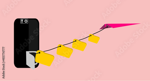 Digital folders. BACKDOOR, computing. Vulnerability in authentication, embedded device, typically covert. ILLUSTRATION of data theft by unauthorized access. Mobile phone and paper plane.