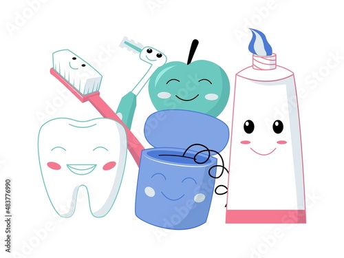 Cartoon toothcare characters. Dental health cute mascots. Toothpaste and white tooth mouthwash bottle with funny emotions. Toothbrush and floss. Happy molar. Vector dentistry products set