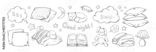 Doodle sleep dream. Hand drawn night bedtime collection of pillow feather cloud and moon. Napping puppies and kittens sketch. Cozy cushion stacks or blankets. Vector sweet dreaming set