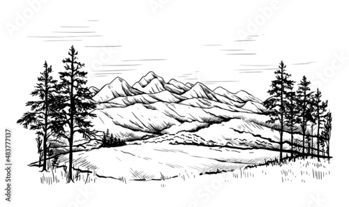 Mountain landscape. Hand drawn sketch with forest and rocky ridges. Black and white scenery. Highlands panorama. Sky horizon. Scenic hills and cliffs. Vector nature outdoor background