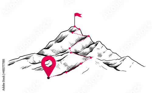 Path to mountain success. Hand drawn progress and achievements concept with goals or route. Rock trail with flag. Mountaineering way plan. Development strategy. Vector business win