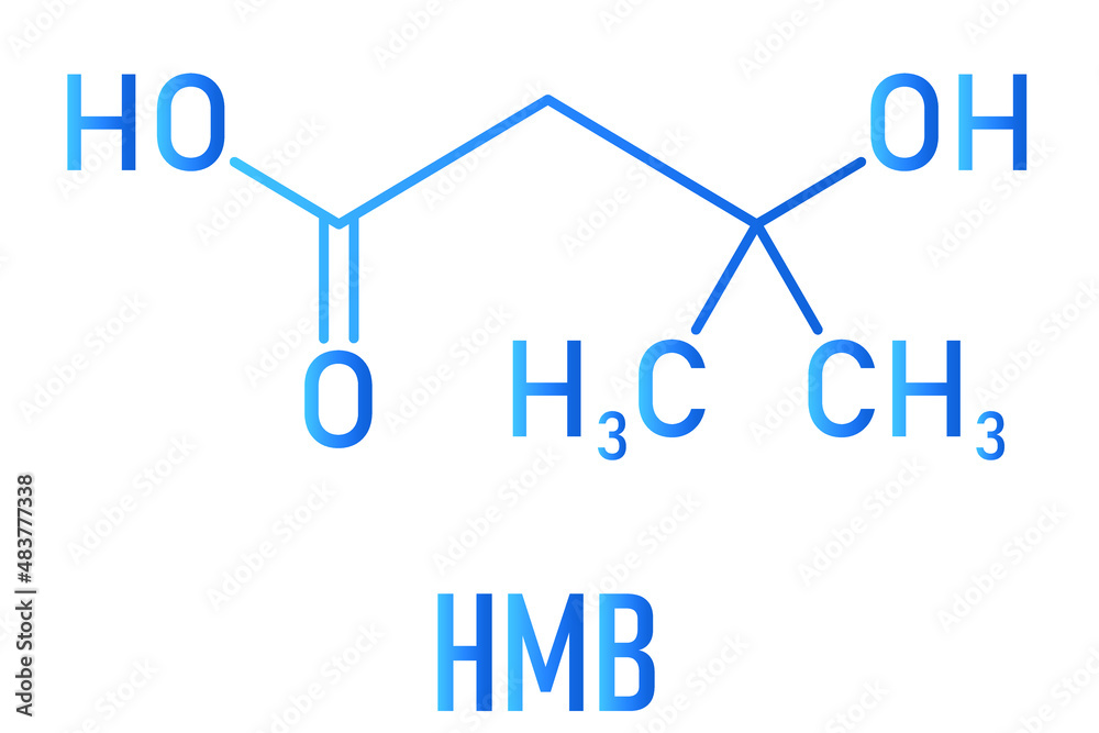 Beta-hydroxy beta-methylbutyric acid or HMB leucine metabolite molecule. Used as supplement, may increase strength and muscle mass. Skeletal formula. Beta-hydroxy beta-methylbutyric acid or HMB leucine metabolite molecule. Used as supplement, may increase strength and muscle mass. Skeletal formula.