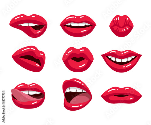 Sexy female lips with red lipstick cartoon illustration set. Woman and girls lips with different emotions such as smile with teeth, half open mouth flat vector illustration collection. Kiss concept