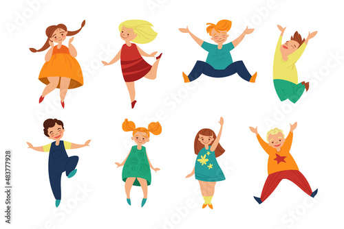 Happy cute children cartoon illustration set. Group of little kids, cheerful characters, school boys and girls standing in different positions on white background. Childhood, friendship, peace concept
