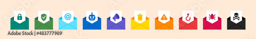 Flat envelope with letter email options from safe protected to the dangerous virus, set vector illustration