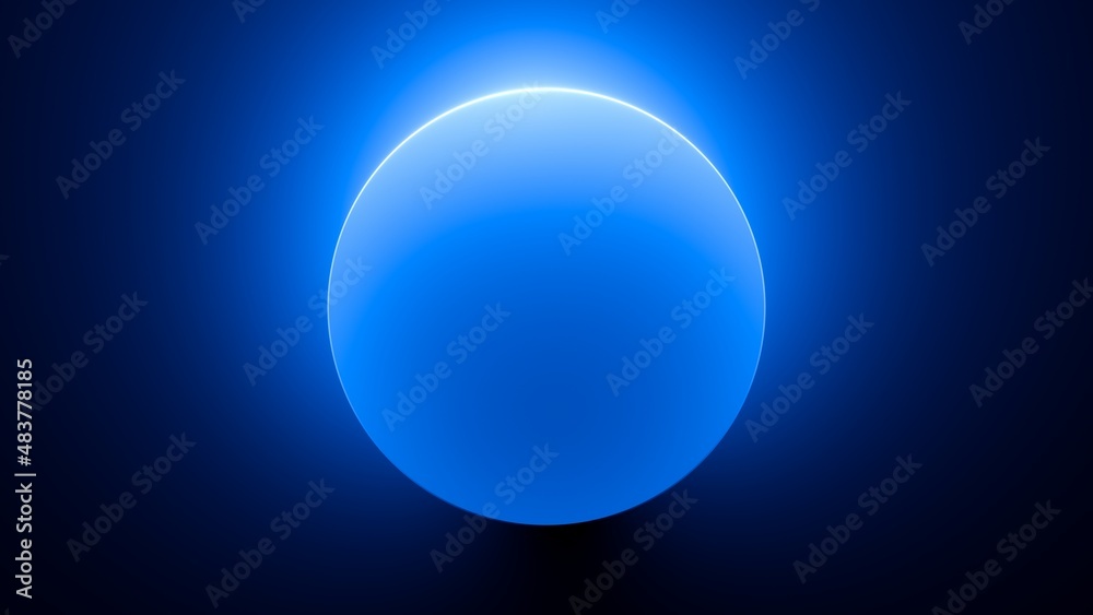 3d render, abstract simple blue background with glowing ring illuminated with the neon light. Geometric shape, blank round frame