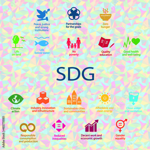 Sustainable Development Goals, Agenda 2030. Set of isolated icons on polygon seamless pattern in SDG colors. Vector illustration EPS 10, editable, without clipping mask