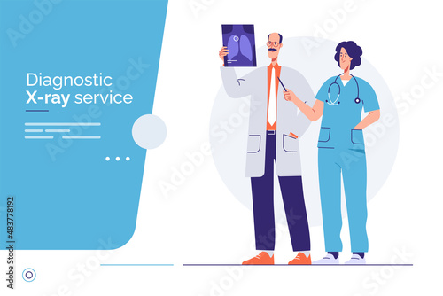 Two doctors are examining x-ray image. Vector outline illustration, editable stroke, global swatches