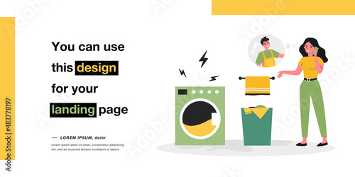 Young girl calling repairman of washing machines. Flat vector illustration. Woman standing in bathroom and calling service center, fixing broken household appliances. Repair, washing, help concept