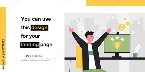 Happy man getting first place in online competition. Male character sitting at computer desk flat vector illustration. Achievement, success concept for banner, website design or landing page