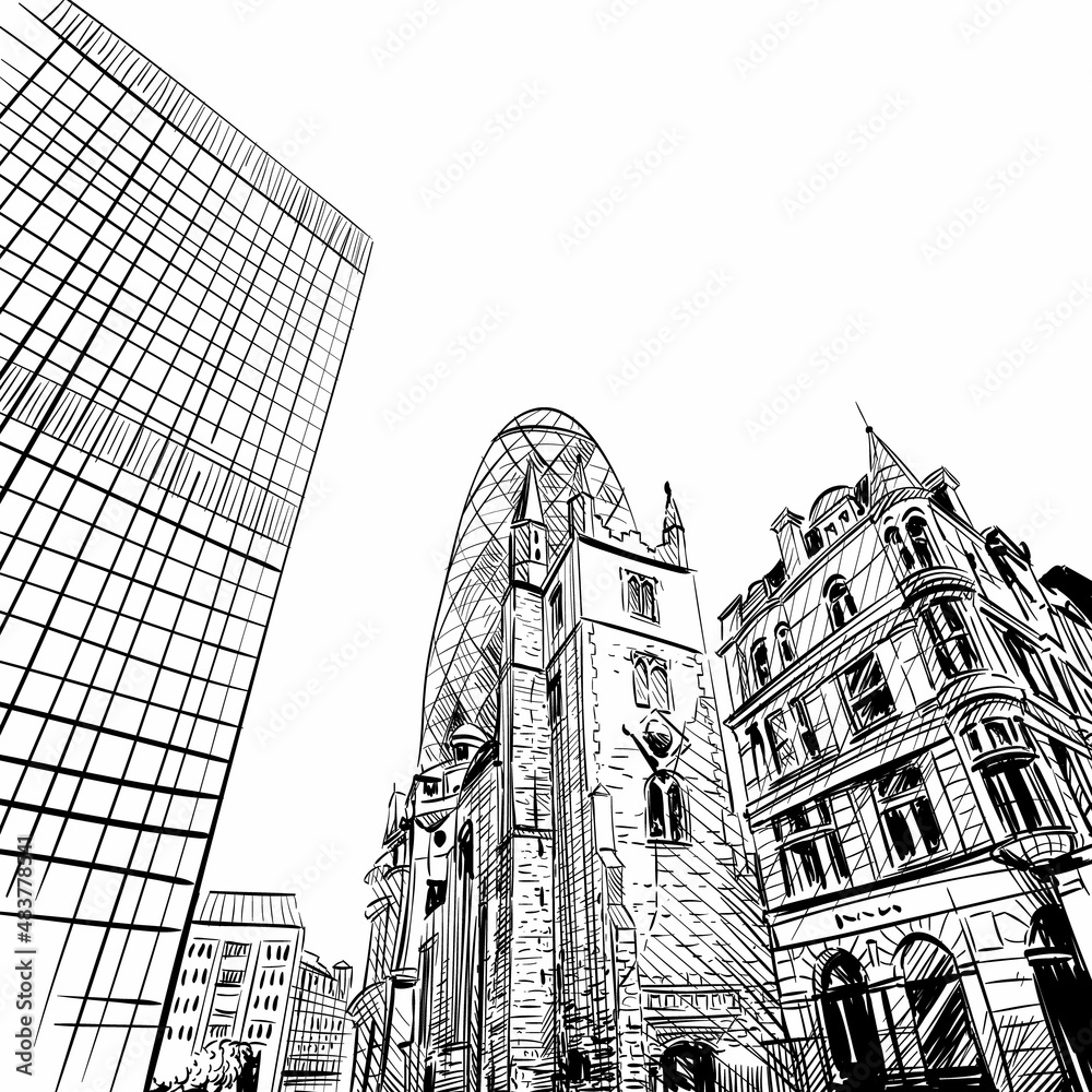 London city hand drawn. Building sketch, vector illustration