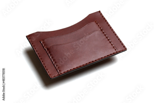 Handmade leather card holder isolated on white background. Hand stitched. Leather wallet. Men's wallet. 