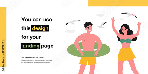Young people relaxing on beach flat vector illustration. Men and women in swimsuits, lifebuoy, cocktails, seagulls, sailboat in background. Leisure, holidays, resort, seaside concept for banner design