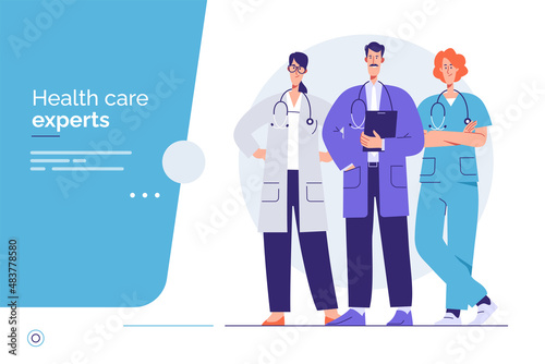 Vector outline illustration of a medical personnel, health workers, hospital physicians. Editable stroke, global swatches