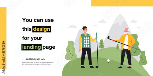 Young and old men playing golf. Flat vector illustration. Grandfather and son or grandson holding golf clubs while standing on golf course. Fun, family, game, hobby, sport concept for banner design