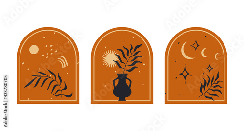 Abstract composition with natural elements on an orange background. Silhouettes of branches, vase, sun, moon. Terracota design elements in celestial boho style.