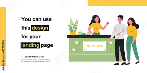 People shopping at perfume store flat vector illustration. Young girl looking at showcase while happy couple talking to saleswoman near counter. Smell, aroma, shopping, fashion, cosmetic concept