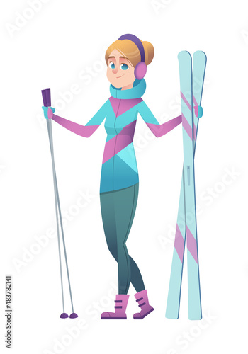 A cute miniature slender girl with white hair stands in warm headphones and holds skis and sticks