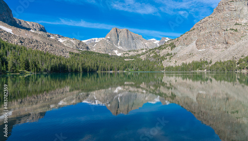 Bomber Lake in the Wind River Range, Wyoming. Stunning backcountry reflection of Spider peak. 