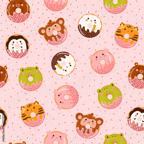 Cute colorful animal donuts seamless pattern for kids in cartoon style on pink background, tasty bakery ornament