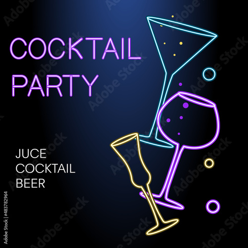 Flyer for night cocktail party. Neon sign, bright alcoholic signboard