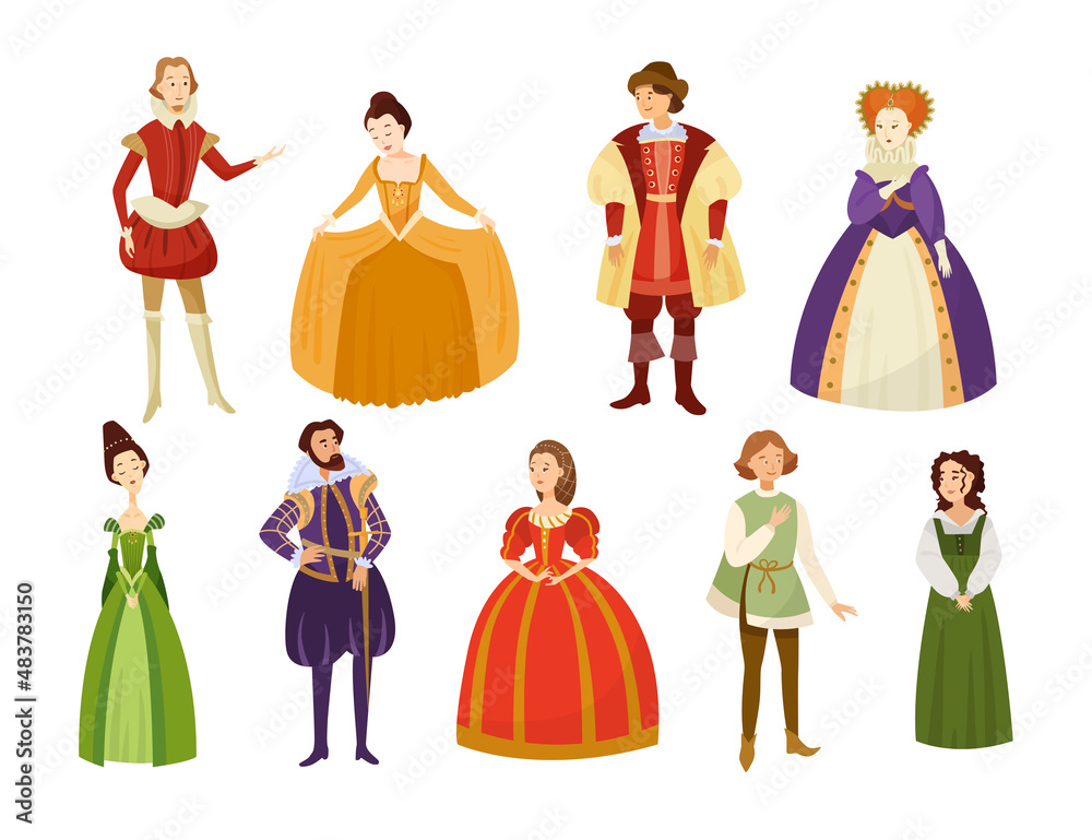 Men and women in medieval costumes cartoon illustration set. Queen, princess and aristocrats characters with hairstyles wearing renaissance carnival clothes and vintage dresses. History, style concept - obrazy, fototapety, plakaty 