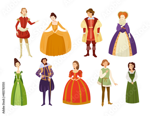 Men and women in medieval costumes cartoon illustration set. Queen, princess and aristocrats characters with hairstyles wearing renaissance carnival clothes and vintage dresses. History, style concept