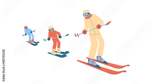 Cartoon skiers in ski school isolated on white background