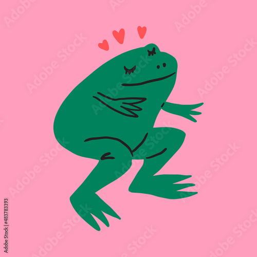 Funny cute comic green frog Valentines childish boho animal character handdrawn trendy vector illustration