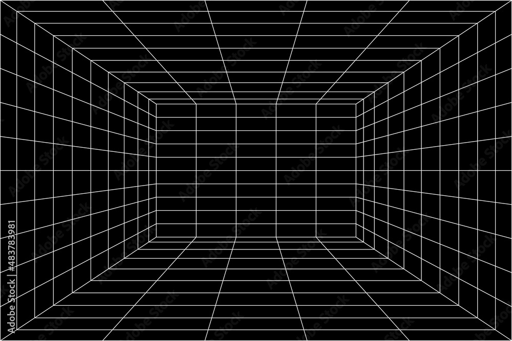 3D digital white grid of black room space with one point perspective ...