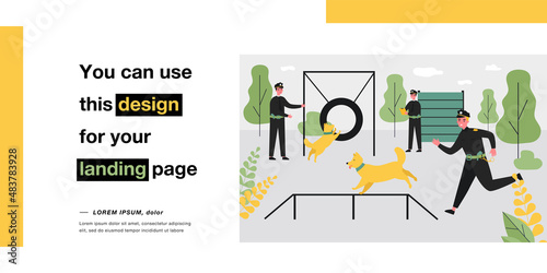 Police officers training guard dogs at obstacle course. Men in uniform with dogs outside flat vector illustration. Military, dog training, security concept for banner, website design or landing page