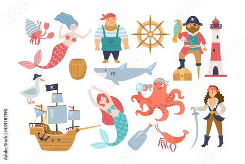 Cute underwater animals, sea robbers cartoon illustration set. Mermaid, jellyfish, ship with anchor, crab, octopus, childish captain character, lighthouse on white background. Marine, ocean concept