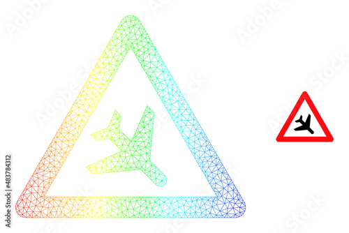 Rainbow colorful mesh airplane warning. Vector model is created from airplane warning icon. Colored frame mesh icon.