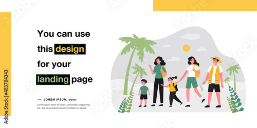 Parents and children walking in jungle flat vector illustration. Mothers and fathers with kids travelling through tropical forests with wild monkeys. Adventure, wildlife, family, nature concept