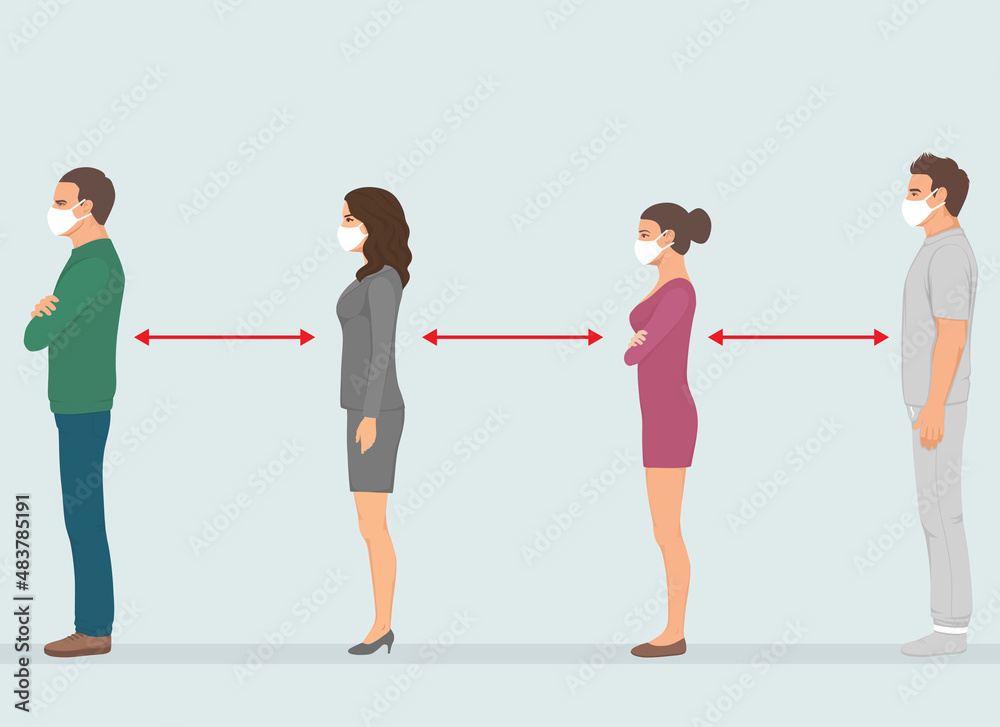 Obraz premium people stand queue. Full length of cartoon sick people in medical masks standing in line against at a safe distance. flat vector illustration