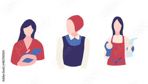 Set of affairs woman housewife. Mother cleans, cooks, brings up children. Vector illustration in a flat style.