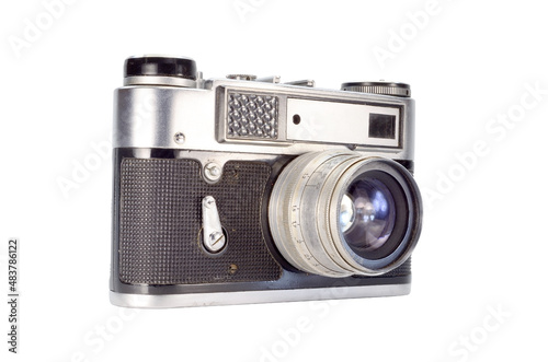 Old film camera isolated on white background.