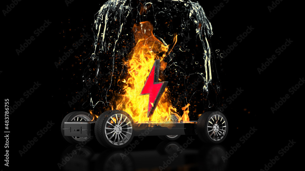EV battery on fire and burning, electric vehicle lithium ion. hard to