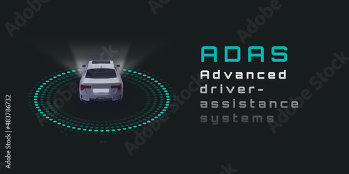 Advanced Driver Assistance Systems (ADAS).sensor and camera systems of autonomous car, driverless vehicle. illustration.
 photo