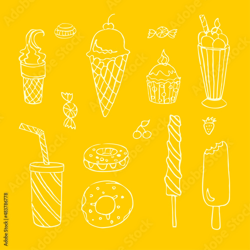 Set with sketch of ice cream, sweets, chocolates, cakes and cocktails.  Vector.